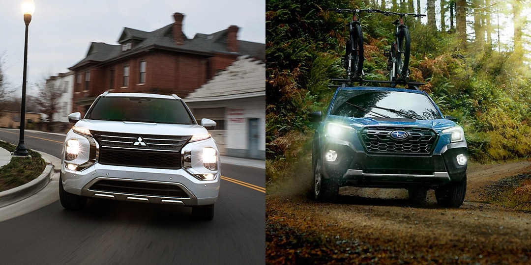 Comparatif entre le Mitsubishi Outlander 2022 (gauche) et le Subaru Forester 2022 (droite)